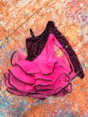 Weissman Hot Pink Black Sequin Dance Costume Dress SA Ruffle Tulle RC18555